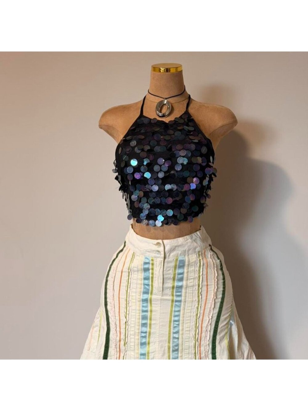 Black sequin halter top with iridescent sequins